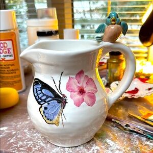 Floral Butterfly/bird  Ceramic Pitcher